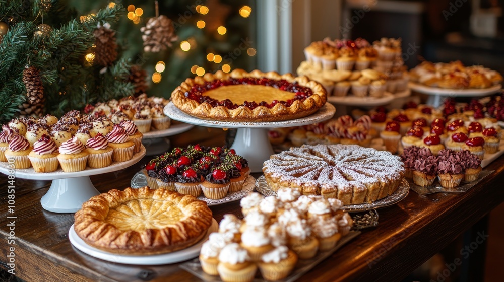Assorted holiday desserts on display at a festive gathering Assorted holiday desserts on display at a festive gathering