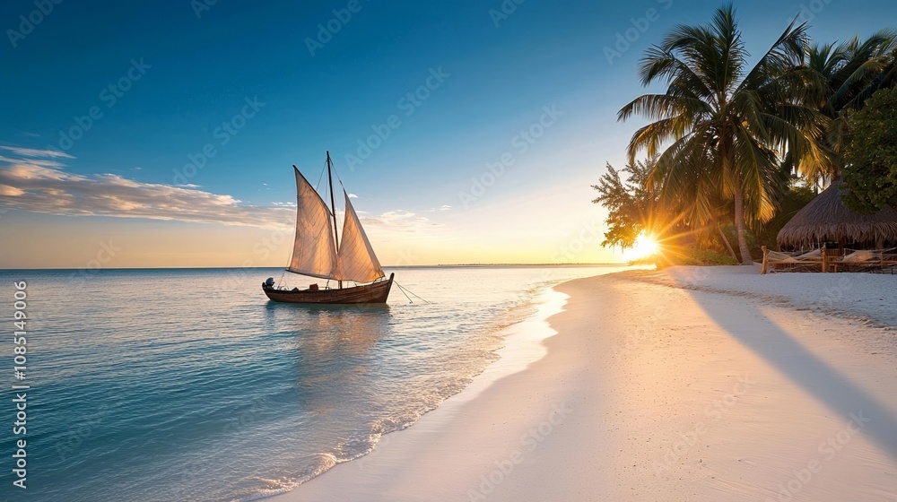 Obraz premium Sunset over serene tropical beach with palm trees, sailboat anchored near white sandy shore