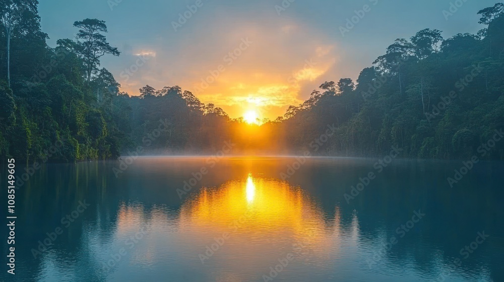 Serene sunrise over a misty jungle lake. Serene sunrise over a misty jungle lake.