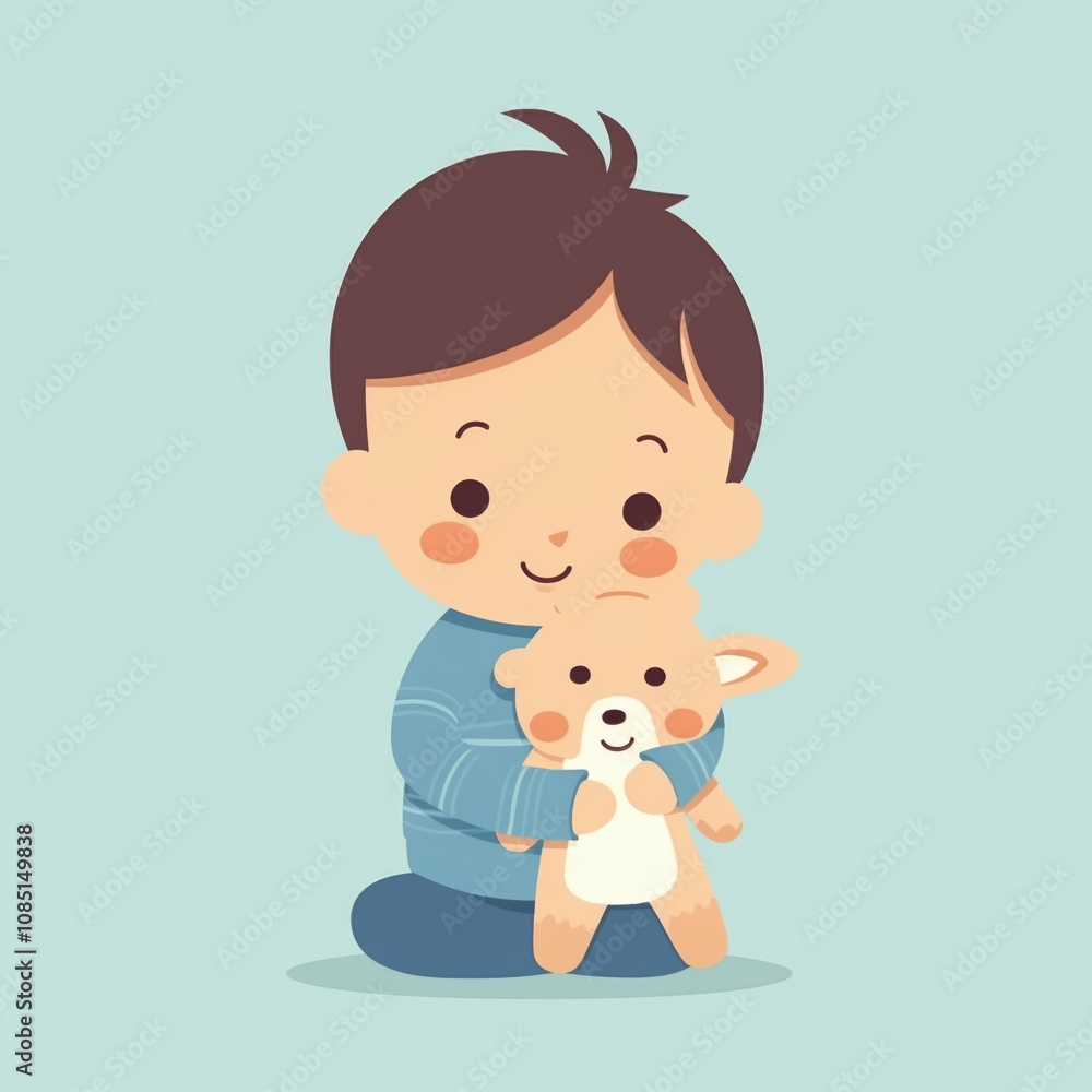 A young boy smiles happily as he hugs his stuffed animal. A young boy smiles happily as he hugs his stuffed animal.