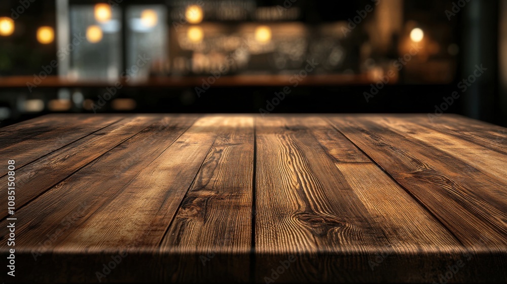 Rustic wooden tabletop with blurred lights Rustic wooden tabletop with blurred lights