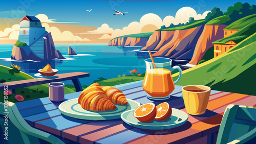 photo 8k, realise et détaillée, d'un petit déjeuner avec sur une table de terrasse, un café, un Kouign Amann, un jus de fruits et un petit vase avec une fleur, servi sur la terrasse d'un café a Etreta