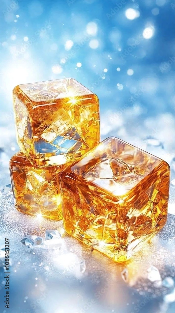 Shiny Ice Cubes with Blue Bokeh Background. Shiny Ice Cubes with Blue Bokeh Background.
