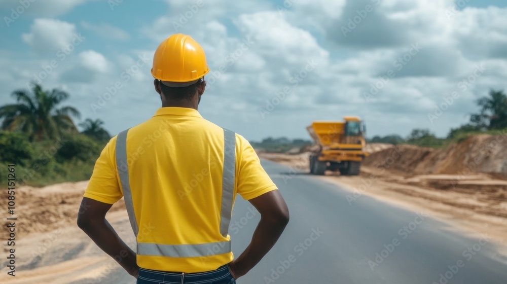Construction worker overseeing road work on a sunny day with an excavator in the background and palm trees nearby Construction worker overseeing road work on a sunny day with an excavator in the background and palm trees nearby