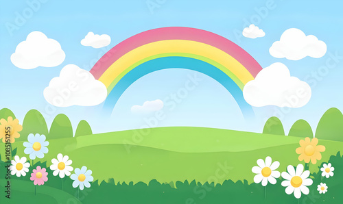 A vibrant landscape featuring a rainbow, clouds, and colorful flowers in a sunny environment.