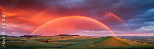 A stunning double rainbow arches over rolling green hills under a colorful sky.