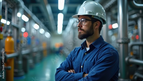 An engineer in a blue shirt and safety helmet stands confidently among rows of industrial machinery, closely observing the operations of a modern facility during daytime