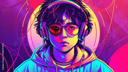 Wallpaper Mural A young person with headphones one eye red stares intensely into the viewer's eyes Torontodigital.ca