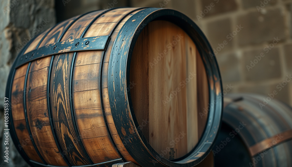 Wooden barrels aged wine in a historic winery cellar Wooden barrels aged wine in a historic winery cellar