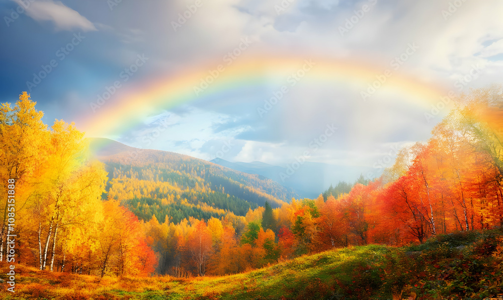 A vibrant autumn landscape featuring a rainbow over colorful trees and rolling hills. A vibrant autumn landscape featuring a rainbow over colorful trees and rolling hills.
