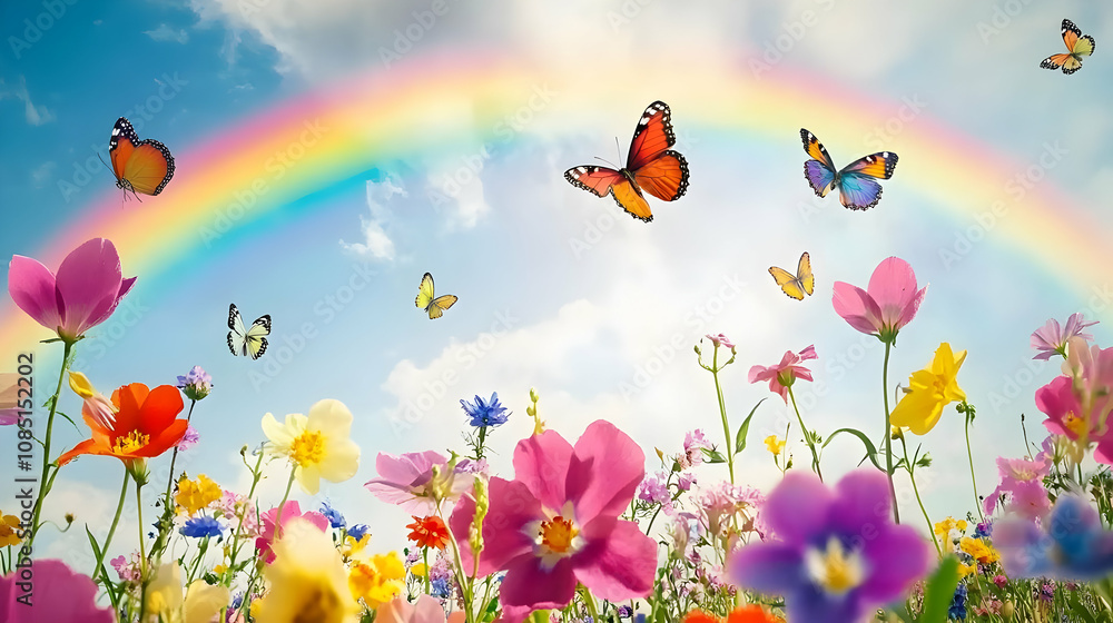 A vibrant scene of flowers and butterflies under a rainbow in a sunny sky. A vibrant scene of flowers and butterflies under a rainbow in a sunny sky.