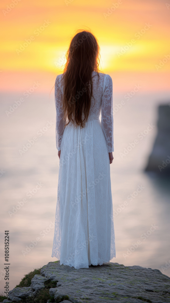 woman in white dress stands on rock by sea at sunset, gazing at horizon. scene evokes sense of tranquility and reflection woman in white dress stands on rock by sea at sunset, gazing at horizon. scene evokes sense of tranquility and reflection