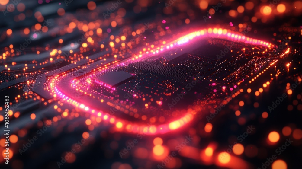  Glowing CPU on Circuit Board.