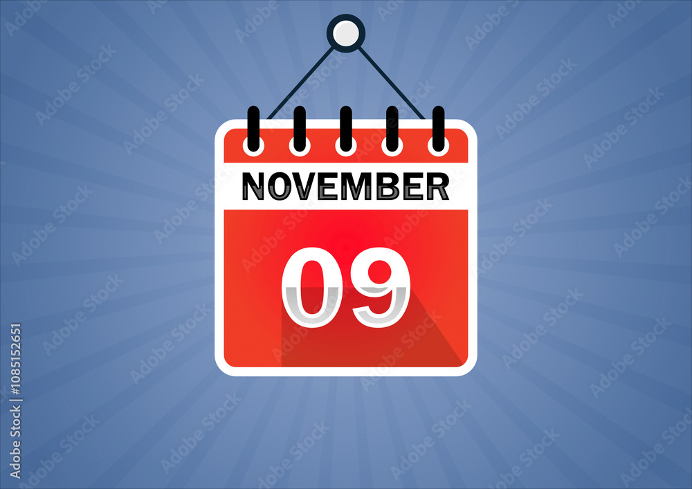 November 09, Calendar hanging sign. 9th days of the month, modern illustration. Date day of week Sunday, Monday, Tuesday, Wednesday, Thursday, Friday, Saturday. Flat style November 09, Calendar hanging sign. 9th days of the month, modern illustration. Date day of week Sunday, Monday, Tuesday, Wednesday, Thursday, Friday, Saturday. Flat style