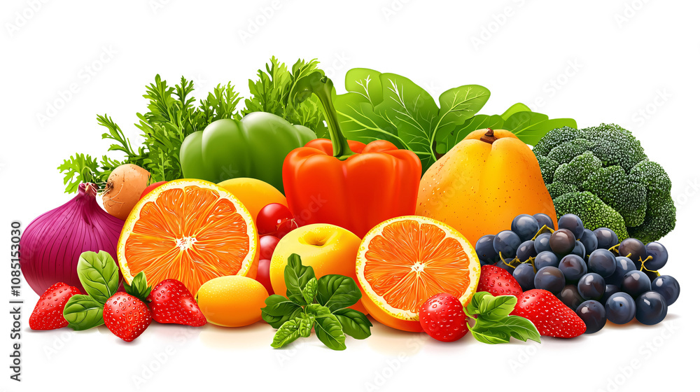 A vibrant illustration of assorted fresh fruits and vegetables in their natural colors, isolated on a white background, ideal for health themes. A vibrant illustration of assorted fresh fruits and vegetables in their natural colors, isolated on a white background, ideal for health themes.