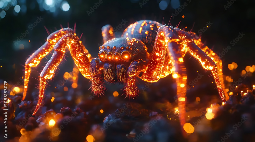 glowing spider with intricate details and vibrant colors in dark setting glowing spider with intricate details and vibrant colors in dark setting