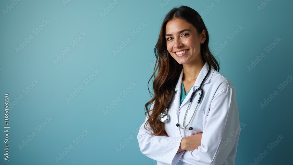 A young woman in a white coat and stethoscope stands with her arms crossed, smiling confidently against a teal wall, embodying professionalism in healthcare A young woman in a white coat and stethoscope stands with her arms crossed, smiling confidently against a teal wall, embodying professionalism in healthcare