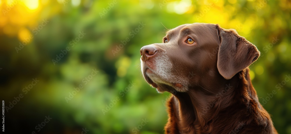 Labrador retriever portrait, warm sunlight, soft focus background, serene expression, rich brown fur, attentive gaze, nature setting Labrador retriever portrait, warm sunlight, soft focus background, serene expression, rich brown fur, attentive gaze, nature setting