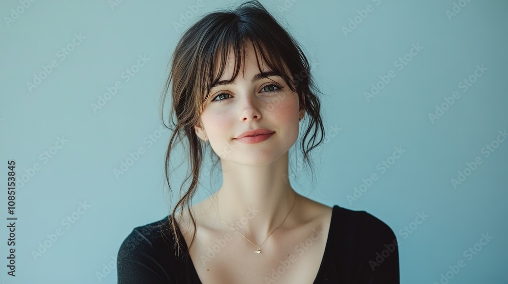 Beautiful portrait of a young woman with soft features and natural makeup against a light blue backdrop, showcasing her charming smile and lively expression in a modern setting Beautiful portrait of a young woman with soft features and natural makeup against a light blue backdrop, showcasing her charming smile and lively expression in a modern setting