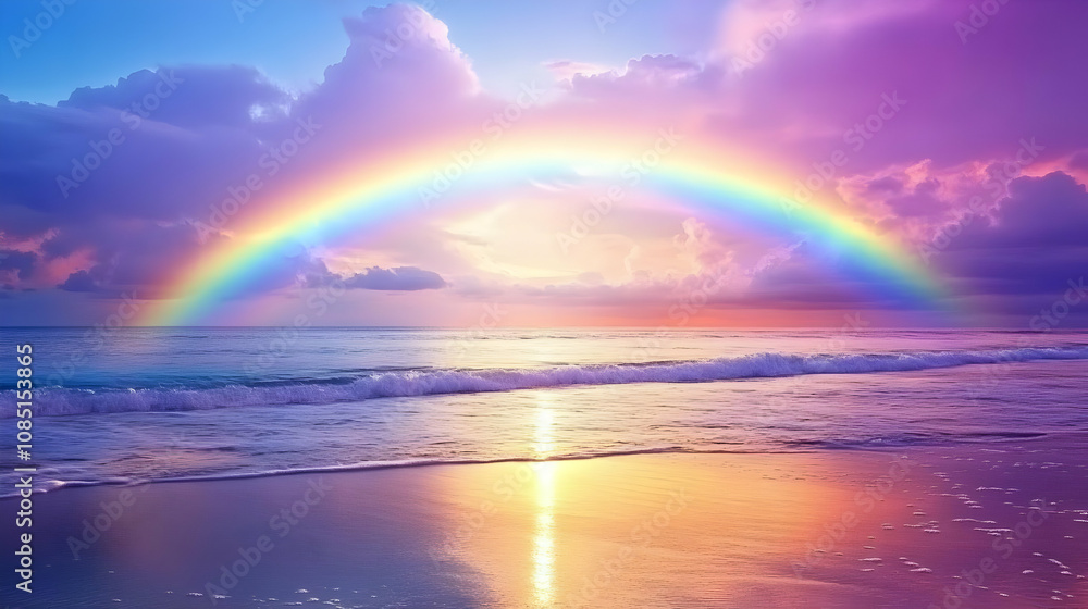 A vibrant rainbow arches over a serene ocean at sunset, reflecting colors on the water. A vibrant rainbow arches over a serene ocean at sunset, reflecting colors on the water.