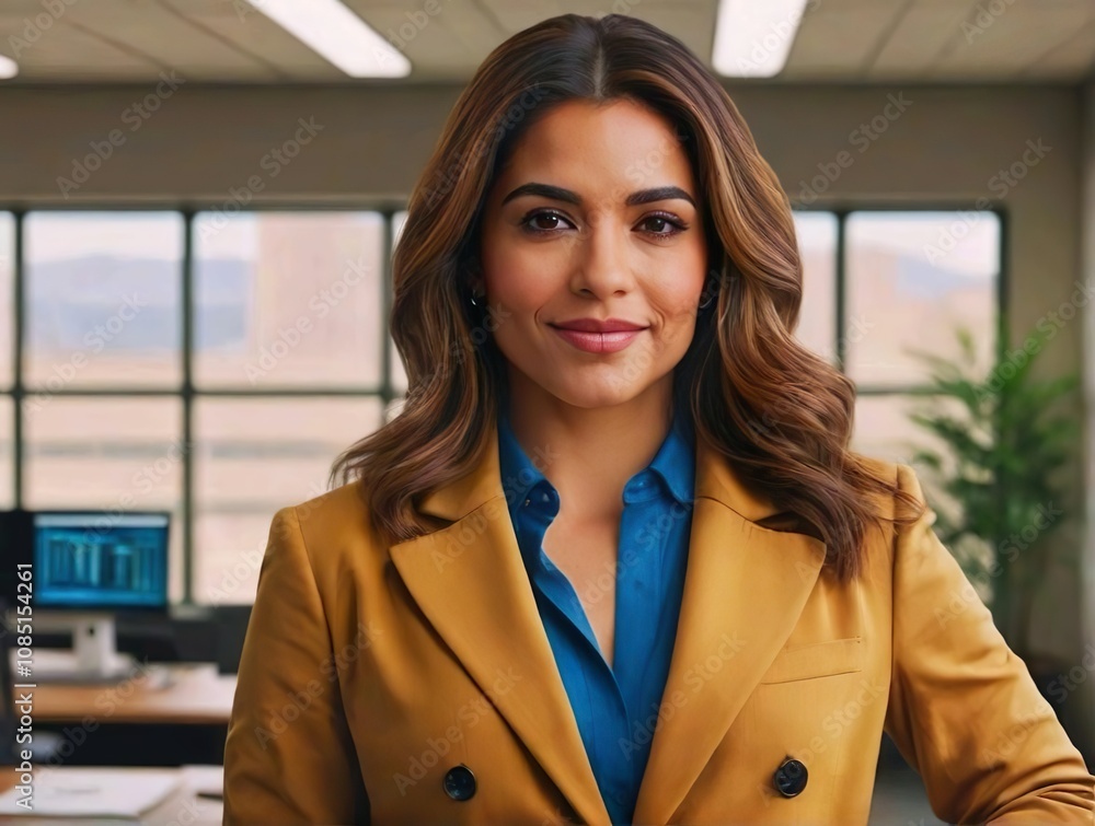 Portrait of young Latina businesswoman standing at office. Happy woman in management position. Portrait of young Latina businesswoman standing at office. Happy woman in management position.