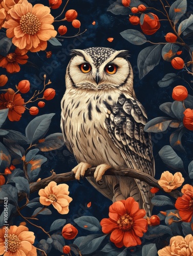 The owl is the main focus of the painting, and the flowers