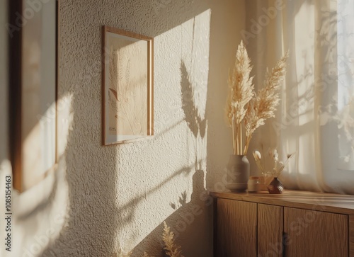 Sunlit interior scene showcasing a minimalist aesthetic with dried pampas grass, wooden furniture, and botanical art prints, creating a calm and serene atmosphere.