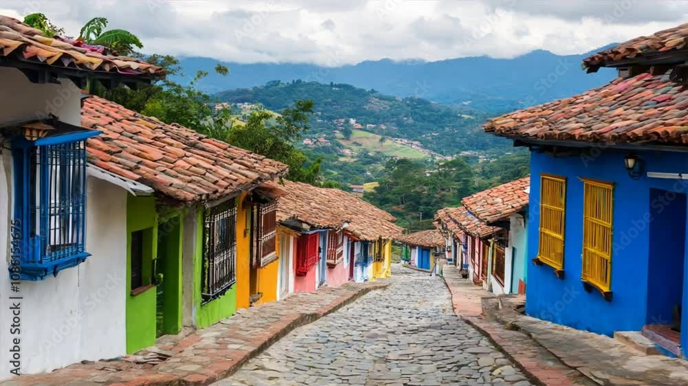 Colorful houses along cobblestone street in scenic village, nestled among majestic mountains, create vibrant landscape that showcases stunning architecture and beauty of nature. Colorful houses along cobblestone street in scenic village, nestled among majestic mountains, create vibrant landscape that showcases stunning architecture and beauty of nature.