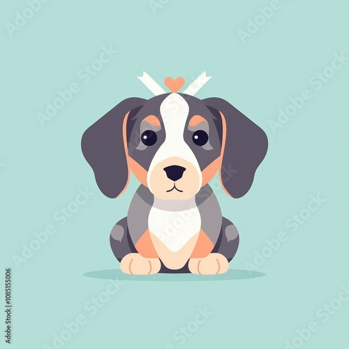 Cute cartoon puppy with a heart-shaped bow, sitting on a blue background.