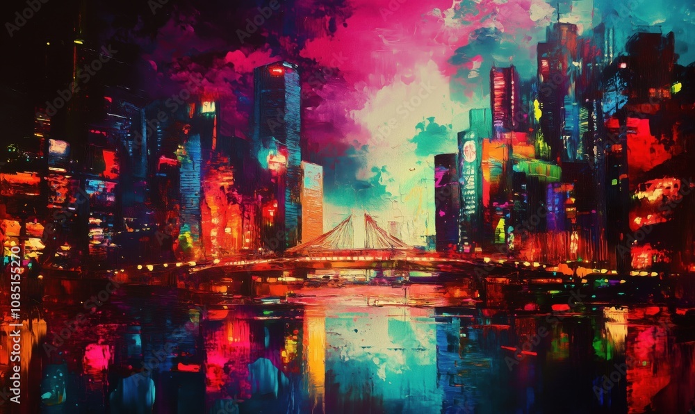 Vibrant city skyline at night, colorful lights reflecting on water, modern skyscrapers, bridge illuminated, artistic interpretation Vibrant city skyline at night, colorful lights reflecting on water, modern skyscrapers, bridge illuminated, artistic interpretation