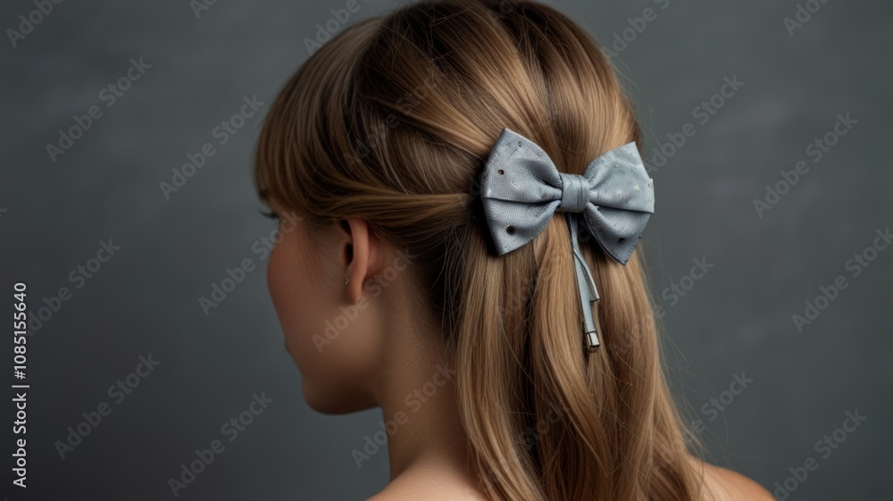 Naklejka premium A close-up view of a girl’s hairstyle featuring smooth, long hair adorned with a stylish pastel blue bow, accentuating a playful and chic appearance