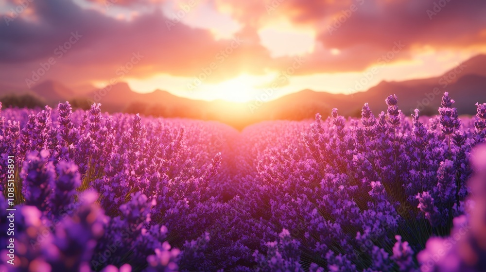 Vibrant sunset over a vast lavender field. Vibrant sunset over a vast lavender field.