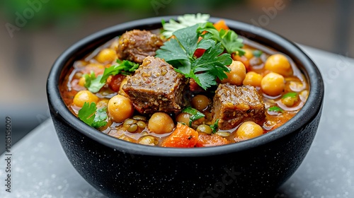 The fragrant Moroccan Harira Soup is a hearty and nutritious dish, made with tender chunks of lamb, earthy chickpeas, earthy lentils, and juicy tomatoes