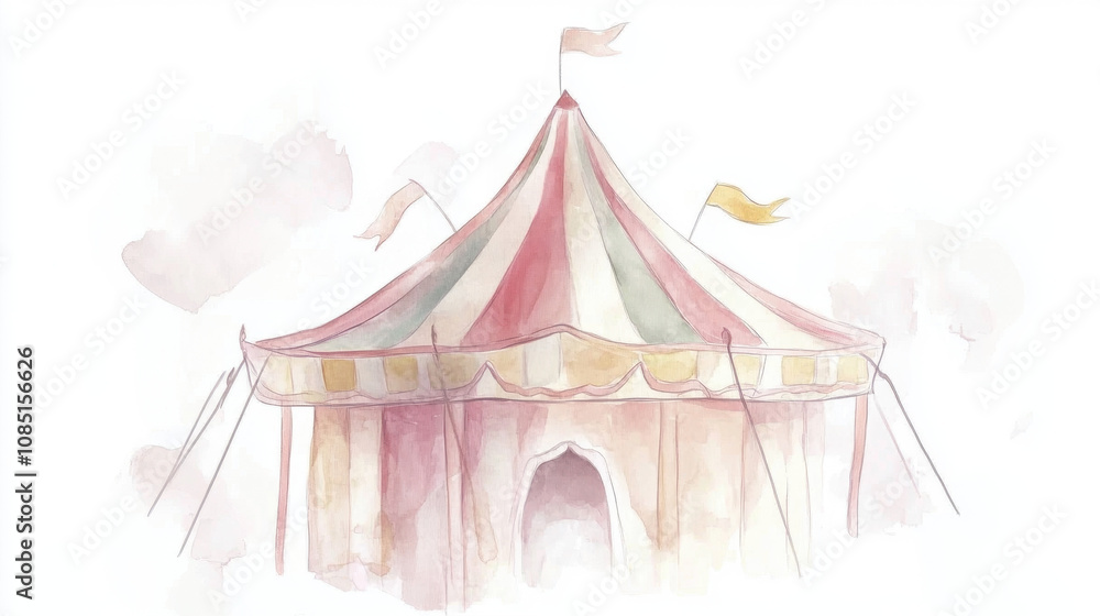Watercolor Amusement Tent Illustration in Pastel Style Watercolor Amusement Tent Illustration in Pastel Style
