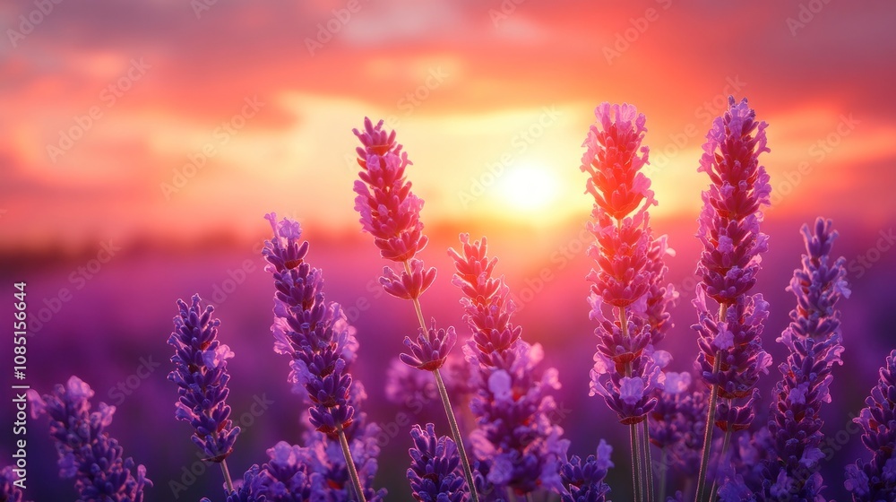 Naklejka premium Lavender field sunset.