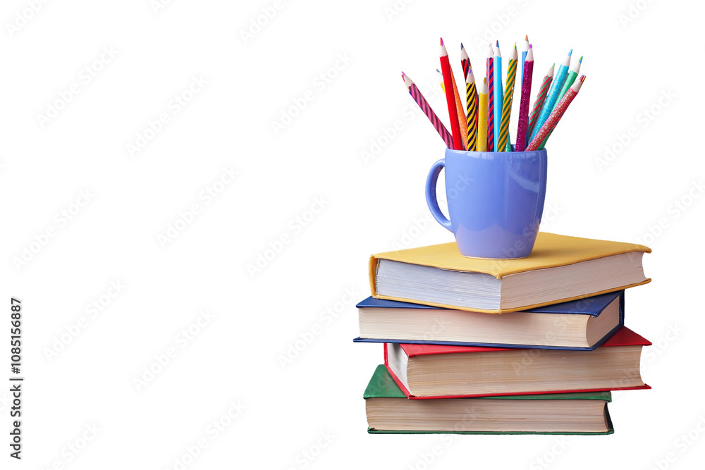 A colorful mug filled with pencils placed on a stack of books, ideal for study and creativity A colorful mug filled with pencils placed on a stack of books, ideal for study and creativity