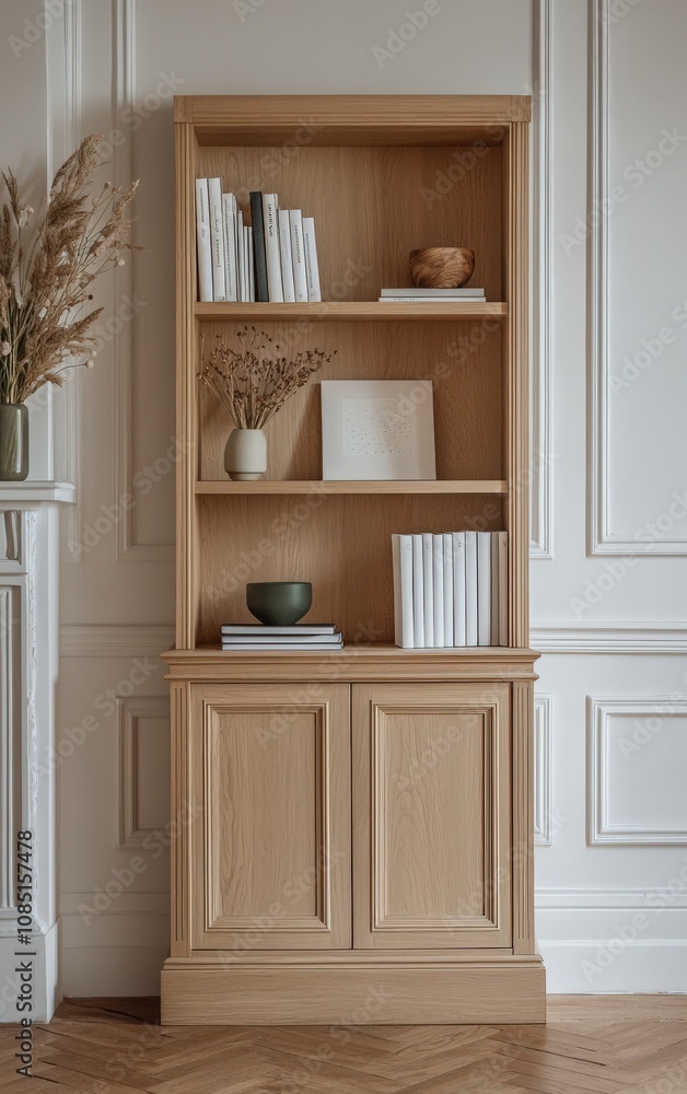 Elegant light oak bookcase with decorative moldings, featuring books, bowls, and dried flowers. Perfect for interior design, home decor, and lifestyle concepts. Elegant light oak bookcase with decorative moldings, featuring books, bowls, and dried flowers. Perfect for interior design, home decor, and lifestyle concepts.