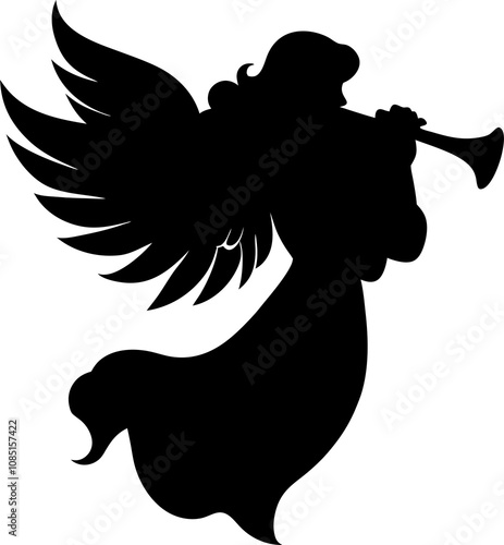 angel, silhouette, trumpet angel, angel blowing, Christmas, vector,  illustration, black and white