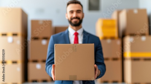 A professional man in a suit holds a cardboard box, smiling, with numerous stacked boxes in the background, suggesting a warehouse or delivery environment.