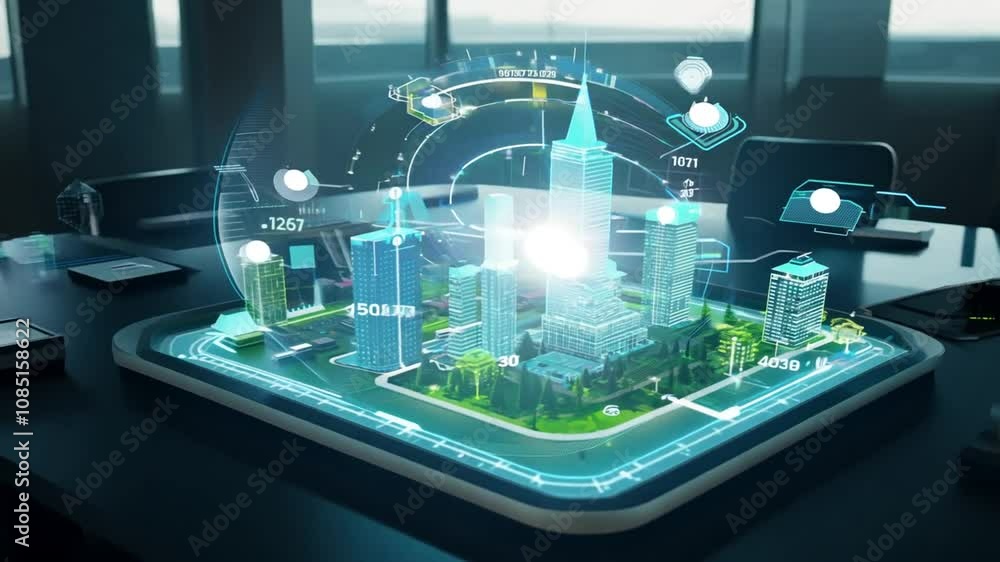 Smart City Hologram on Conference Table Smart City Hologram on Conference Table