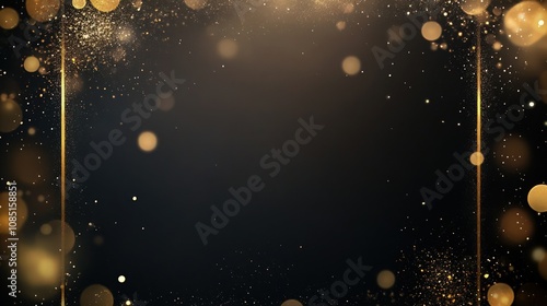 A black and gold wedding card background with sparkling bokeh, soft golden dust, and delicate glitter framing the design. The subtle light art gives the dark frame a luxurious, magical ambiance.