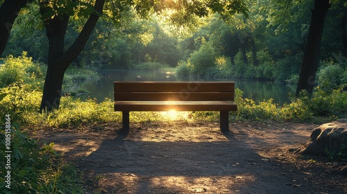 HeSerene sunrise park bench by river. photo