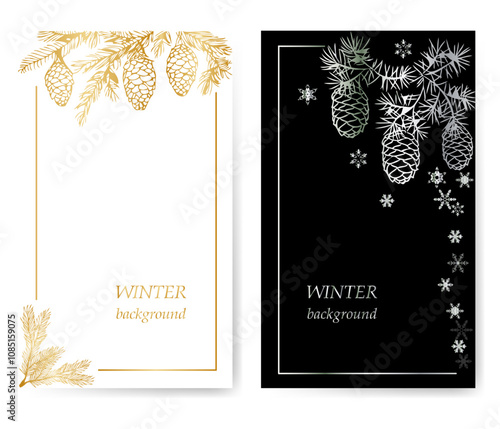 black and white postcards with gold and silver gradient wish you a Happy New Year and Merry Christmas