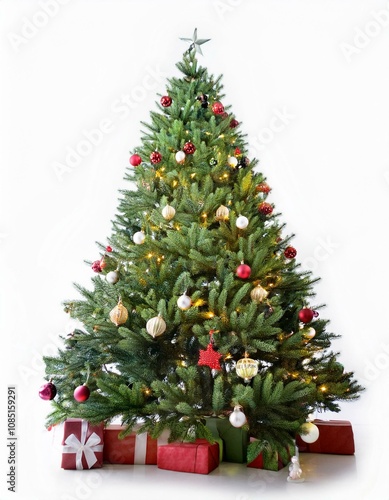 Decorated christmas tree with ornaments and lights on white background