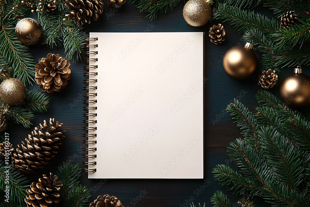 A cozy holiday-themed notepad surrounded by pinecones and gold ornaments, perfect for festive notes or invitations. Ideal for Christmas crafting or personal messages. A cozy holiday-themed notepad surrounded by pinecones and gold ornaments, perfect for festive notes or invitations. Ideal for Christmas crafting or personal messages.