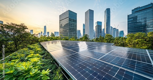 Solar panel produces green, environmentaly friendly energy from the setting sun. Green energy, sustainable, eco concept	
 photo