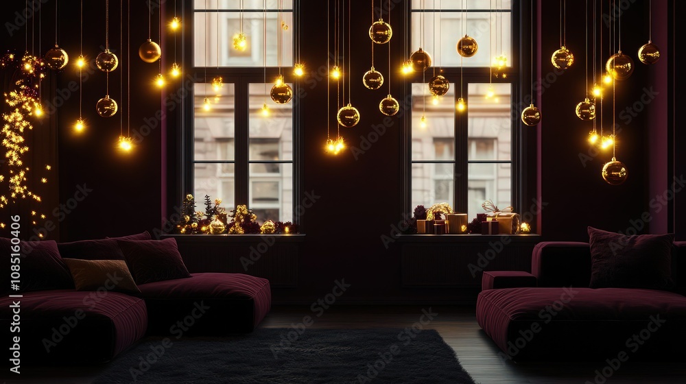 A contemporary living room with deep burgundy walls, illuminated by soft golden fairy lights hanging along the windows. The room is decorated with dark-toned Christmas ornaments . A contemporary living room with deep burgundy walls, illuminated by soft golden fairy lights hanging along the windows. The room is decorated with dark-toned Christmas ornaments .