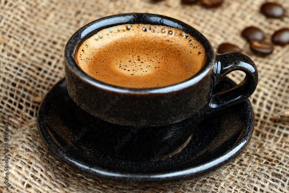 Rich Espresso in a Black Cup on Rustic Background Rich Espresso in a Black Cup on Rustic Background