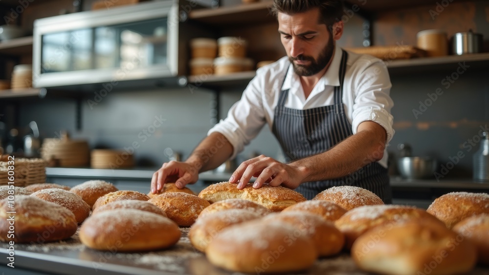 A skilled baker arranges freshly baked bread rolls on a wooden table in a bustling bakery, showcasing his craft during the morning hours A skilled baker arranges freshly baked bread rolls on a wooden table in a bustling bakery, showcasing his craft during the morning hours
