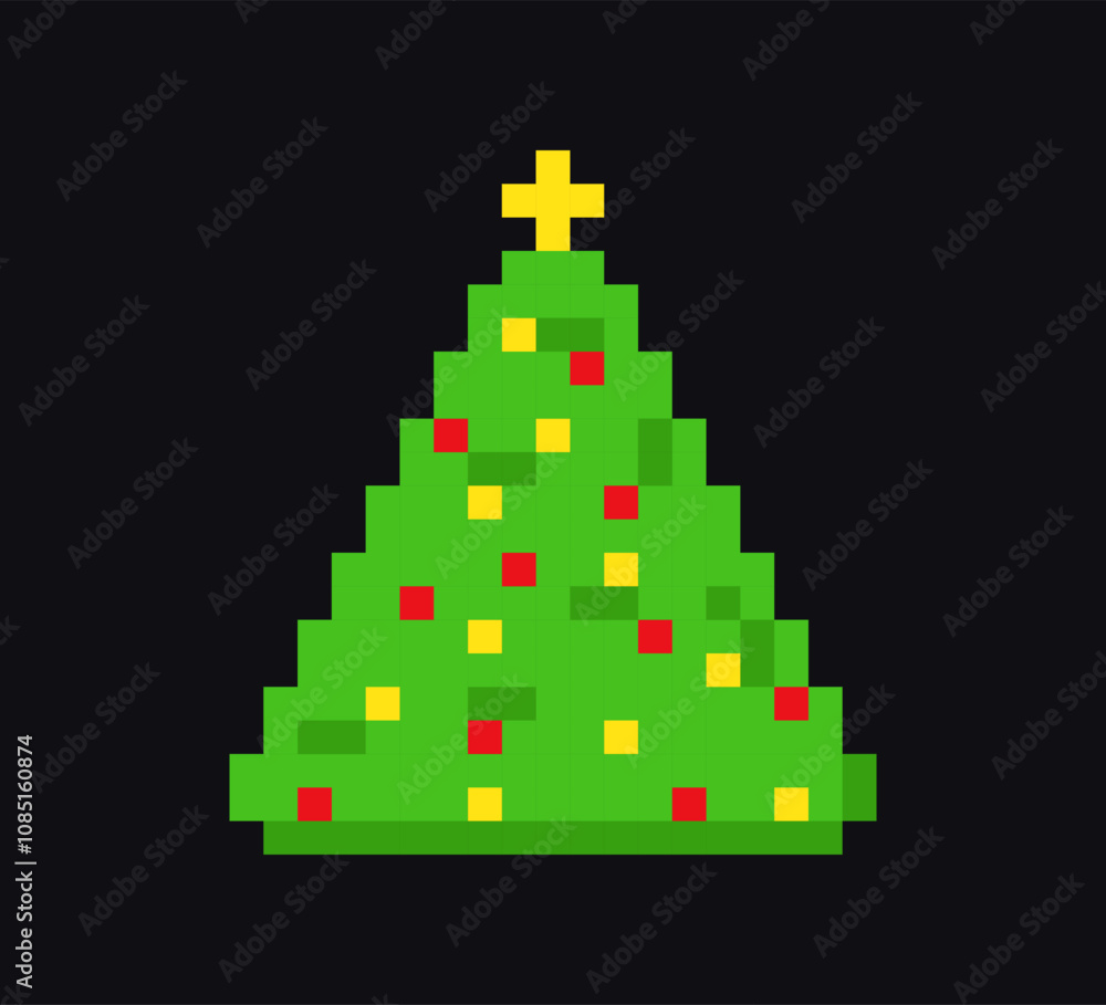 New Year tree 8-bit icon, Christmas tree pixel art item.